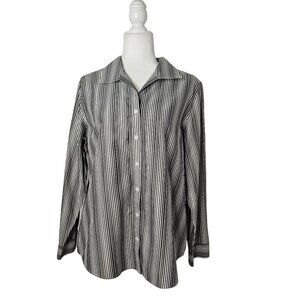 Chico's No-Iron Gold Thread Striped Black White Button-Up Shirt Size 2, Large